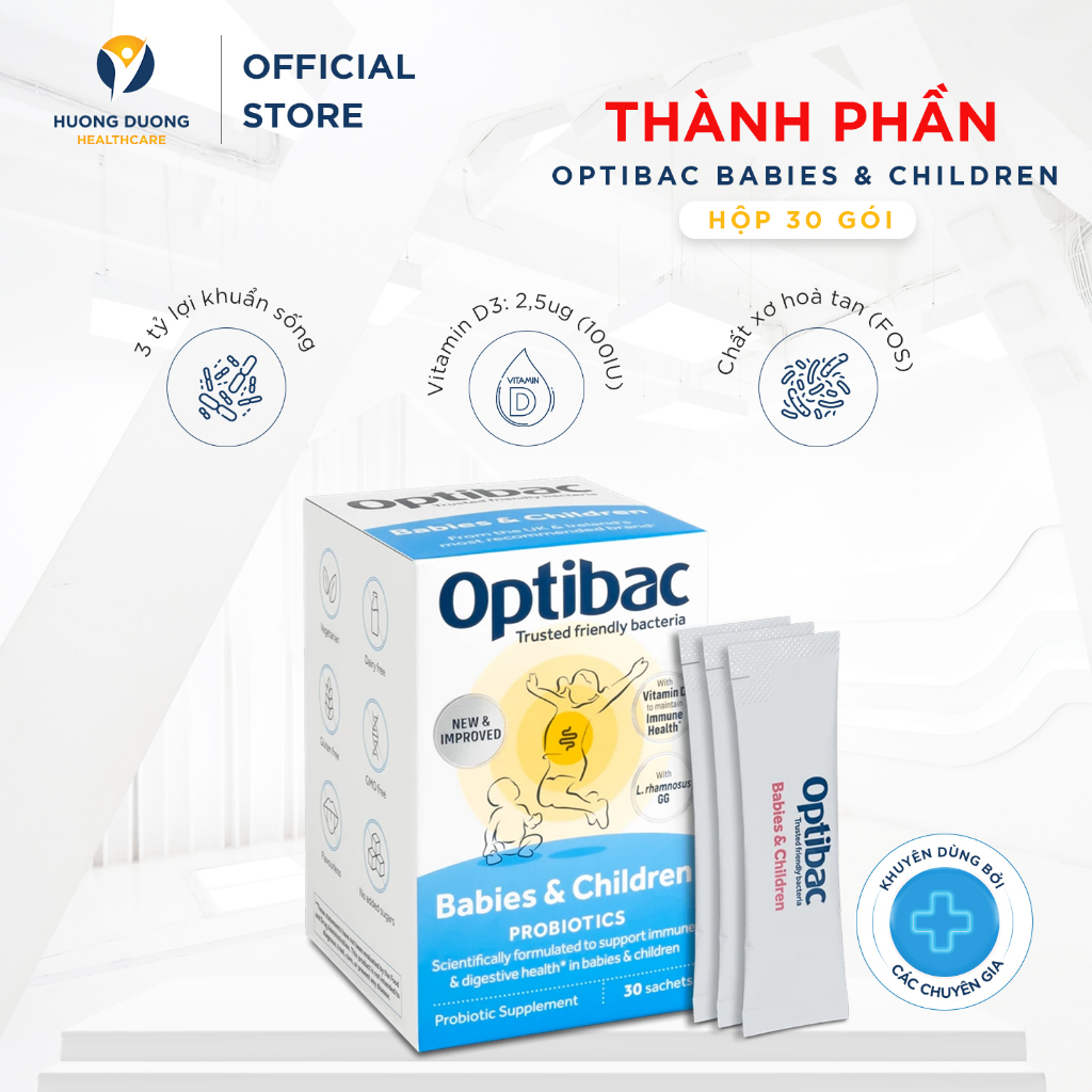Men vi sinh Optibac Babies & Children (0-12 tuổi) với Vitamin D3 & chất xơ, hỗ trợ tiêu hoá và miễn dịch, Hộp 30 gói