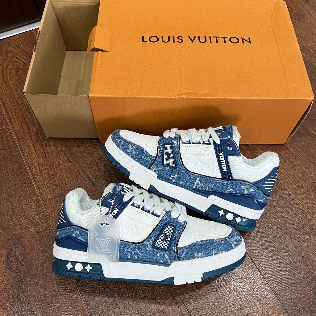 GIÀY THỂ THAO SNEAKER LV BÒ BẢN CAO CẤP NAM NỮ, L'V TRAINER XANH THAN VẢI BÒ BẢN CAO CẤP NAM NỮ