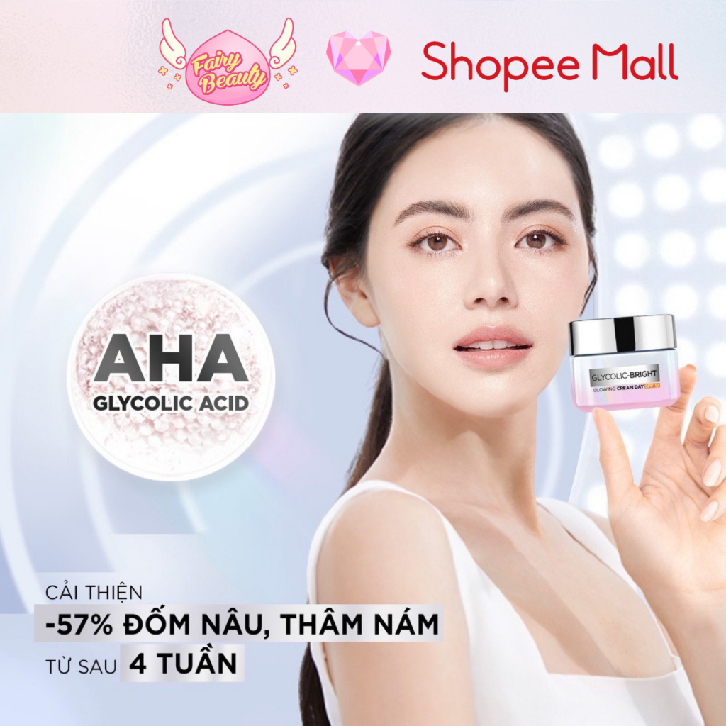 [L'OREAL PARIS] Kem Dưỡng Ban Ngày AHA Giúp Sáng Da, Mờ Thâm Nám Và Cấp Ẩm Mềm Mịn Glycolic Bright SPF 17 50/15/7.5ml