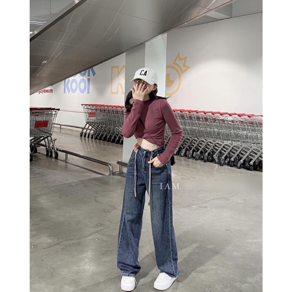 Quần bò jean ống rộng suông xuông nữ jeans cạp cao kèm xích thêu gối phong cách Hàn Quốc 2023 | BigBuy360 - bigbuy360.vn