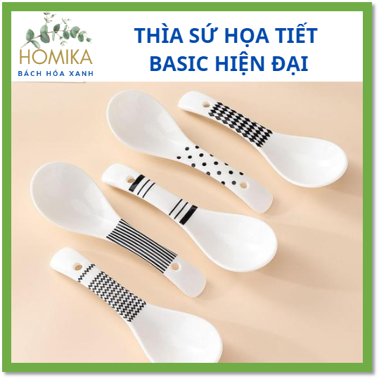 Set Thìa Sứ Dày Dặn Xinh Xắn Kiểu Dáng Hiện Đại, Thìa Sứ Họa Tiết Basic - HOMIKA