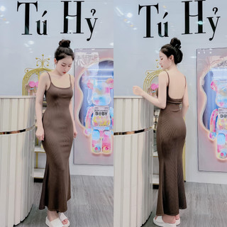 Đầm body 2 dây thun gân hở lưng dáng dài, đầm thun trơn màu ôm body dáng maxi tôn vòng 3 quyến rũ mtb
