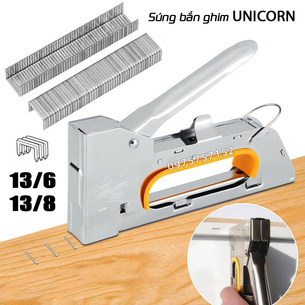 Súng bắn ghim công nghiệp, kìm bấm ghim cầm tay UNICORN, bấm ghim 13/6 13/8 ghim mạnh nhiều chất liệu gỗ, da, bọc yên xe