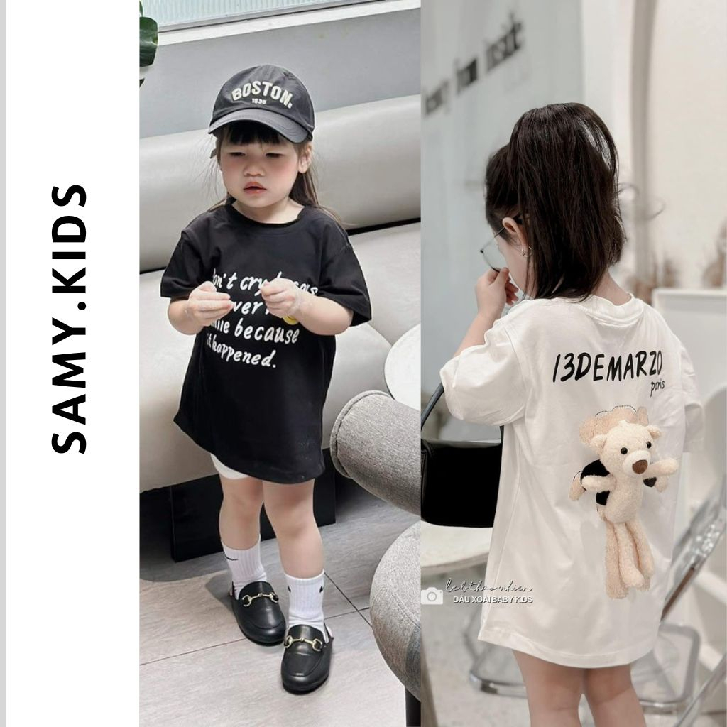 Áo thun cộc tay bé trai bé gái kèm gấu có tách rời chất cotton, áo phông trẻ em unisex form rộng hình gấu - Samy Kids