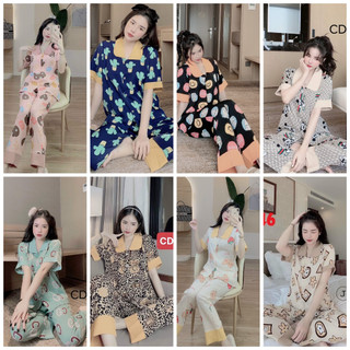 Bộ Cổ Sen Ngắn Tay, Bộ quần áo nữ pijama tay ngắn/cộc quần dài chất lụa kate thái loại 1