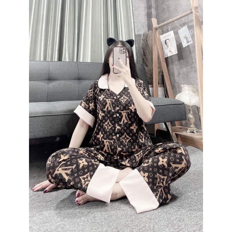 Bộ Cổ Sen Ngắn Tay, Bộ quần áo nữ pijama tay ngắn/cộc quần dài chất lụa kate thái loại 1