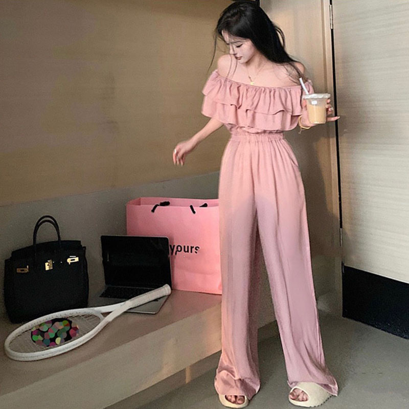 Jumpsuit Trễ Vai Lụa Hồng Dáng Dài Hàng Quảng Châu JS0020