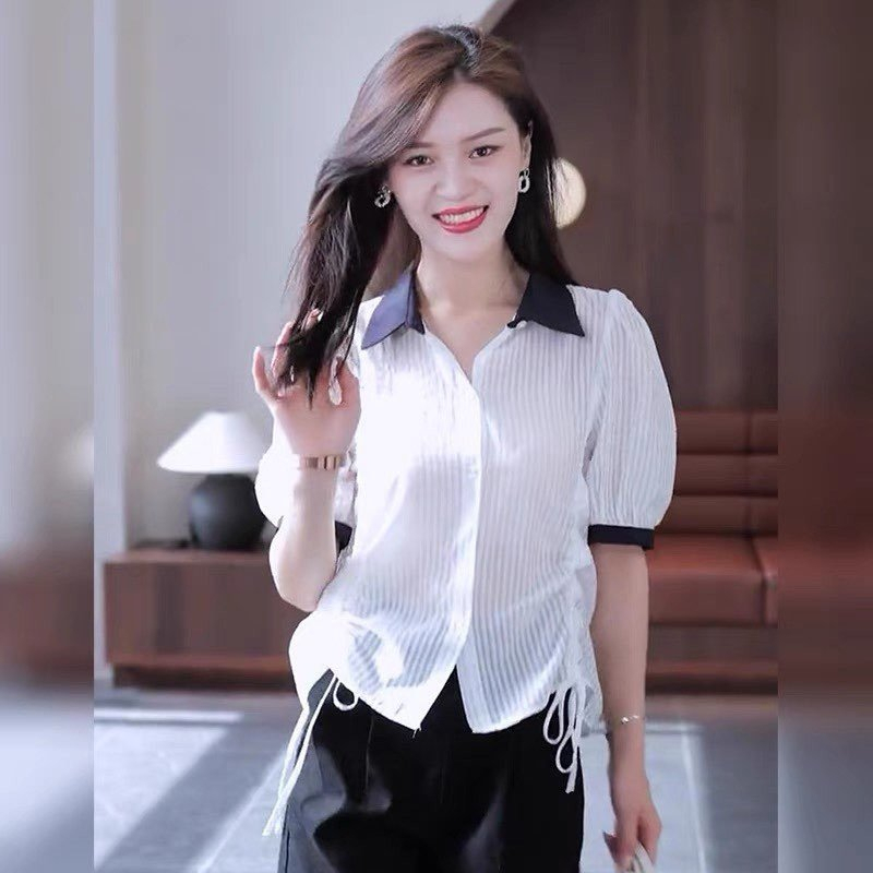 Áo Sơ Mi Tay Ngắn Nữ Lamo Design Áo SơMi Nữ Phối dây rút kiểu tiểu thư chất liệu sọc cotton mềm thoáng mát B1010