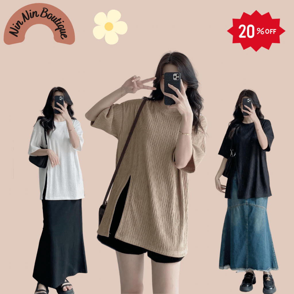 Áo thun tay lỡ vải xốp nhăn xẻ tà tôn eo phong cách ulzzang Hàn Quốc Nin Nin Boutique - Áo phông lỡ xẻ tà