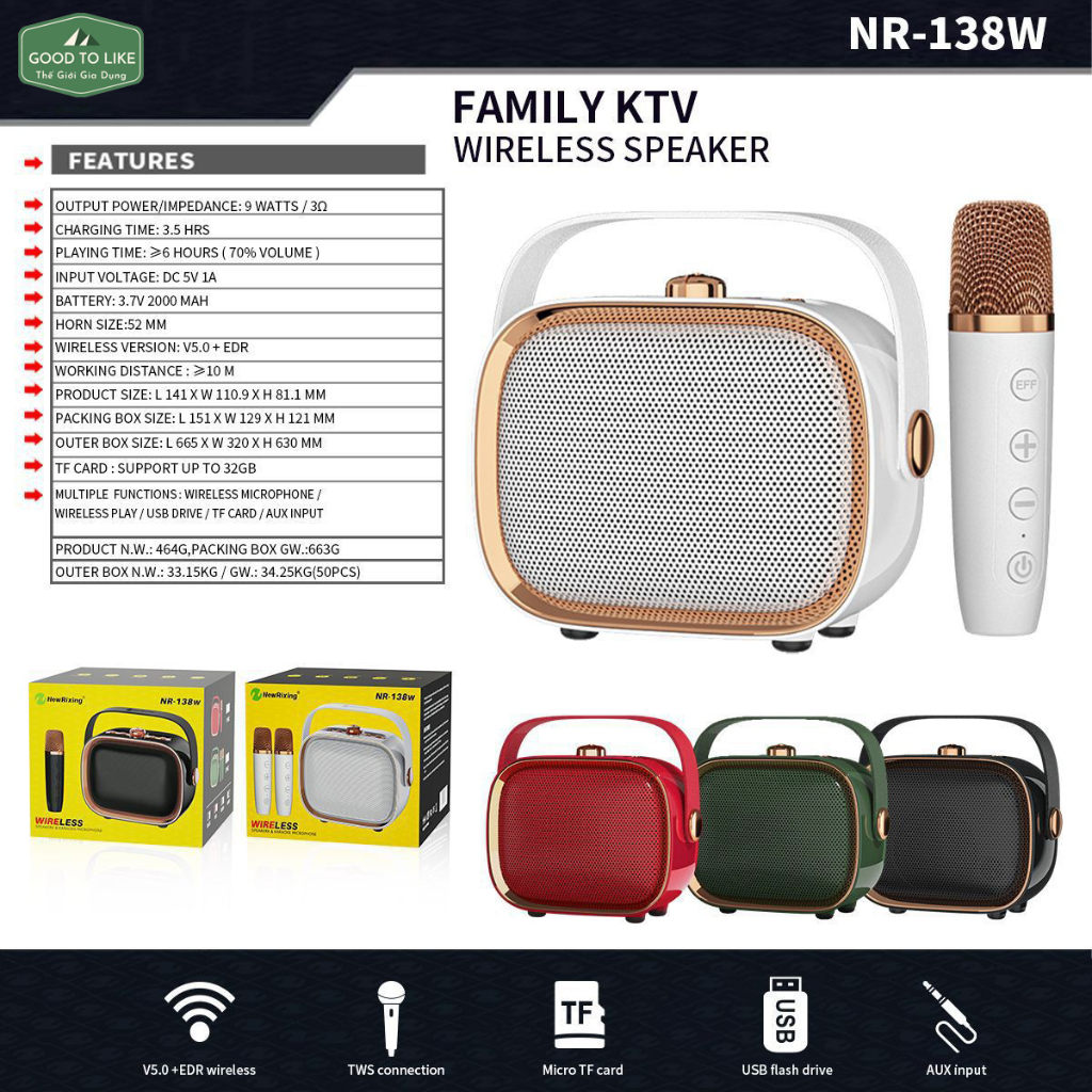 Loa Karaoke Bluetooth NR138 Kèm Micro Không Dây,Bass Cực Mạnh,Âm Thanh Vòm Tương Thích Điện Thoại,Tivi.Thiết Kế Hiện Đại