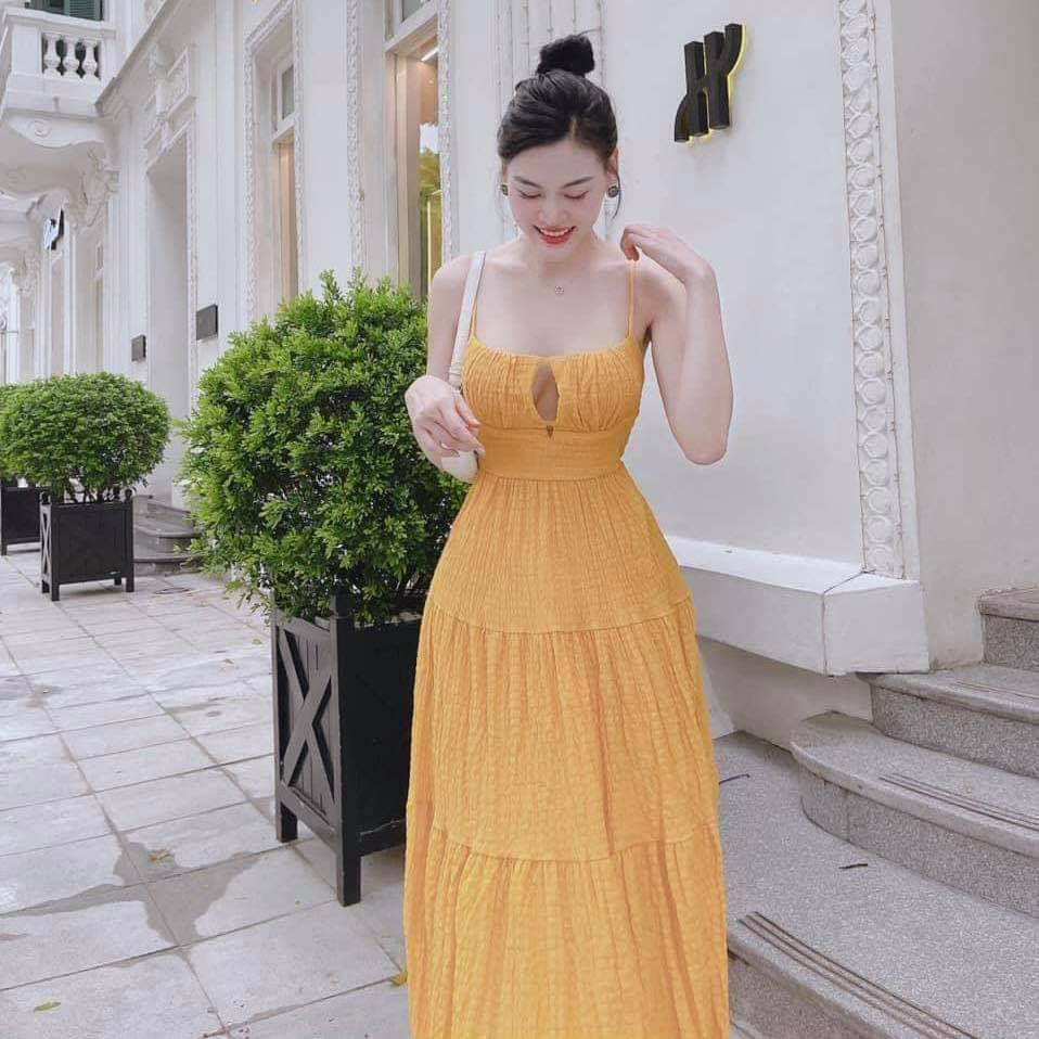 đầm maxi hai dây xếp tầng sang chảnh dễ thương phù hợp đi chơi đi du lịch
