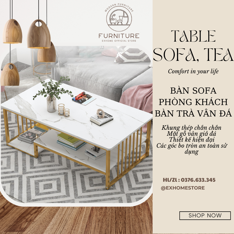Bàn phòng khách, bàn trà sofa khung sắt vuông họa tiết vân cẩm thạch sang trọng siêu bền