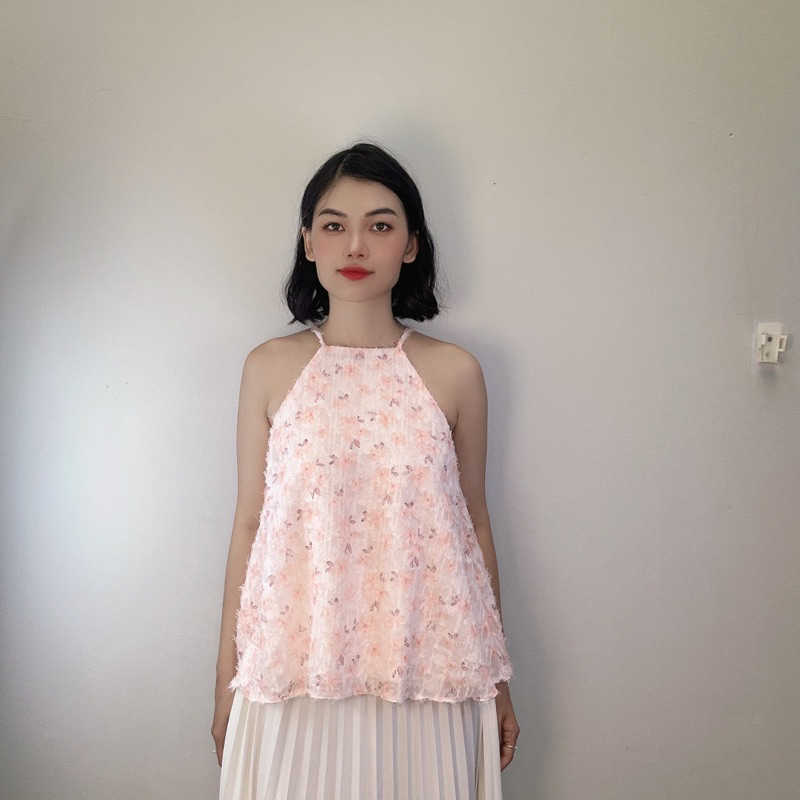 Áo cổ yếm 2 dây chất tơ hoa dáng xoè 12 màu - Audrey Studio