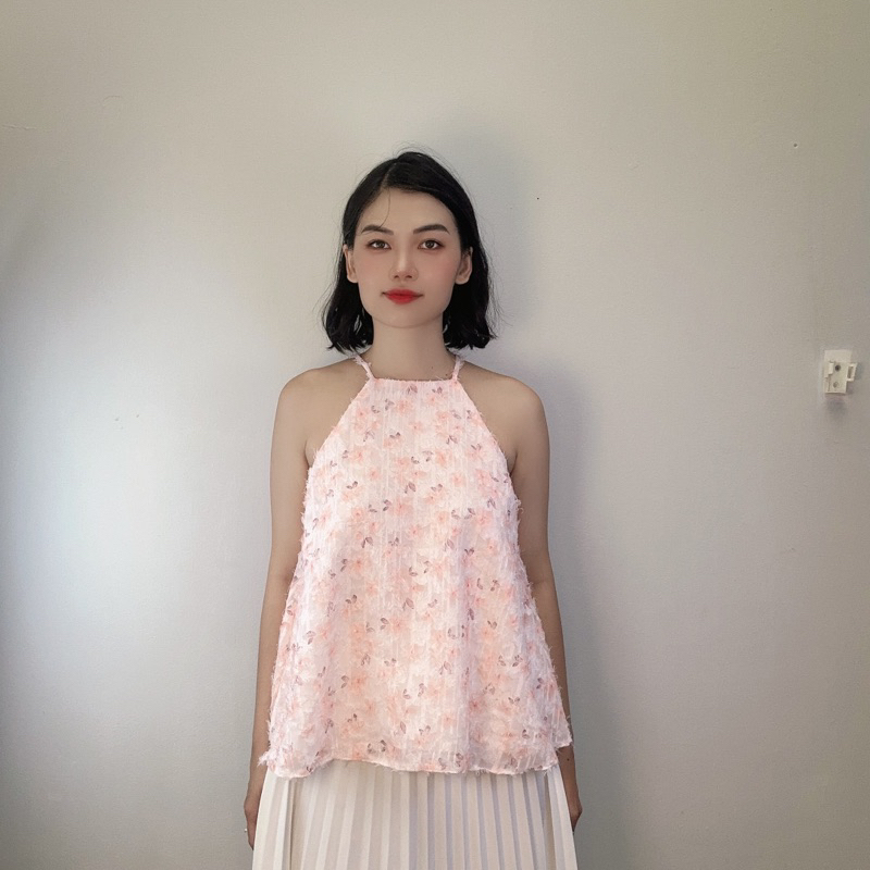 Áo cổ yếm 2 dây chất tơ hoa dáng xoè 12 màu - Audrey Studio