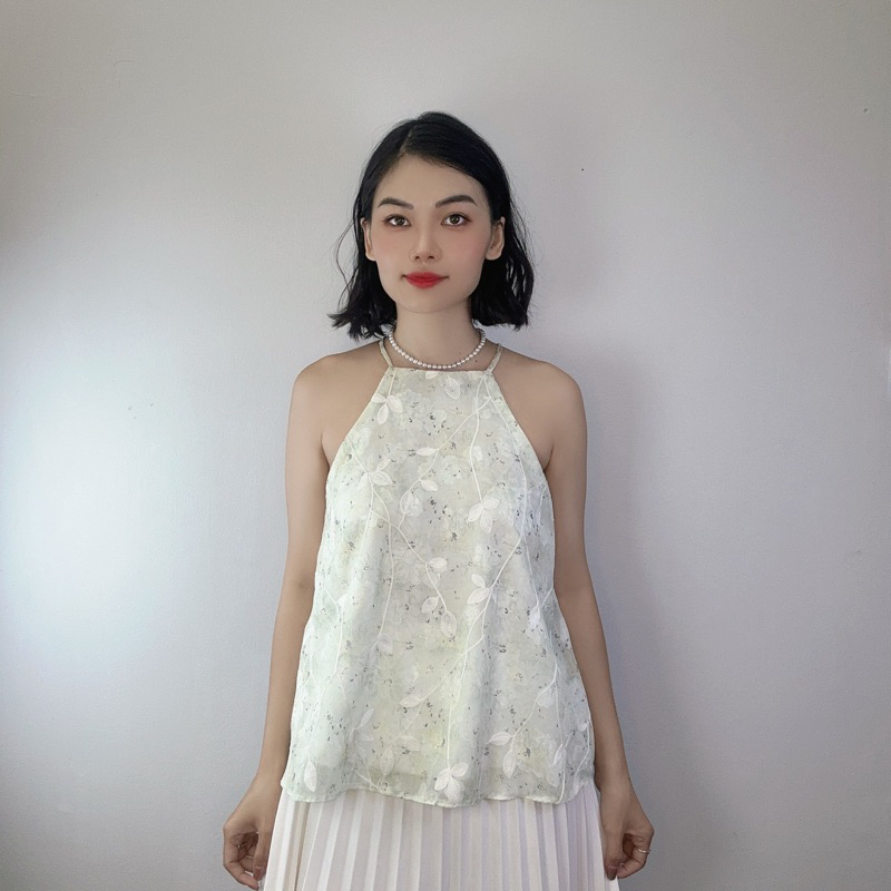 Áo cổ yếm 2 dây chất tơ hoa dáng xoè 12 màu - Audrey Studio