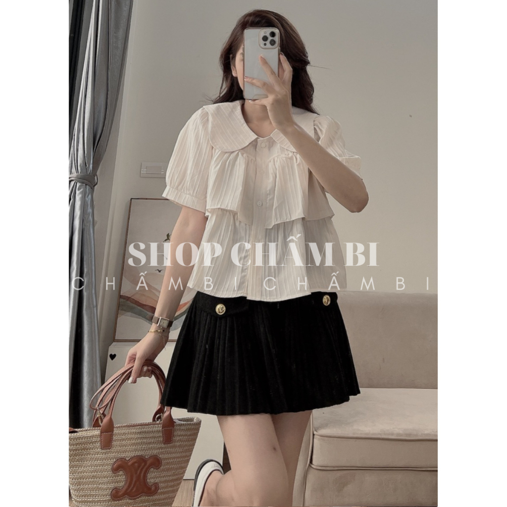 Áo sơ mi nữ cộc tay A.451, Áo kiểu dáng croptop cổ sen tay bồng nhẹ xếp tầng phong cách bánh bèo - Shop Chấm Bi