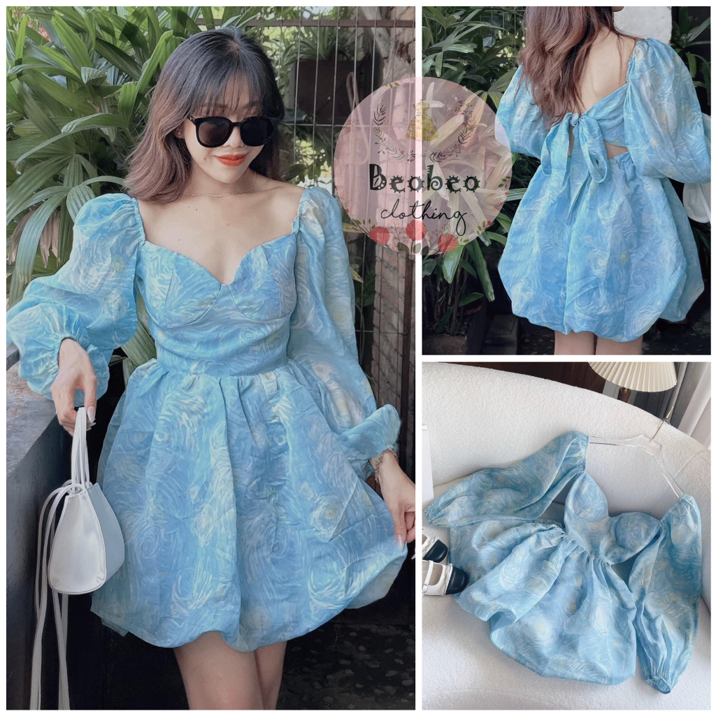 Đầm xoè bí voan hoa xanh cổ u tay bo thắt nơ lưng