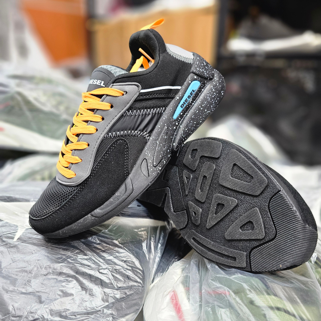 Giày Sneakers nam da lộn Diesel xuất dư- Đen vàng