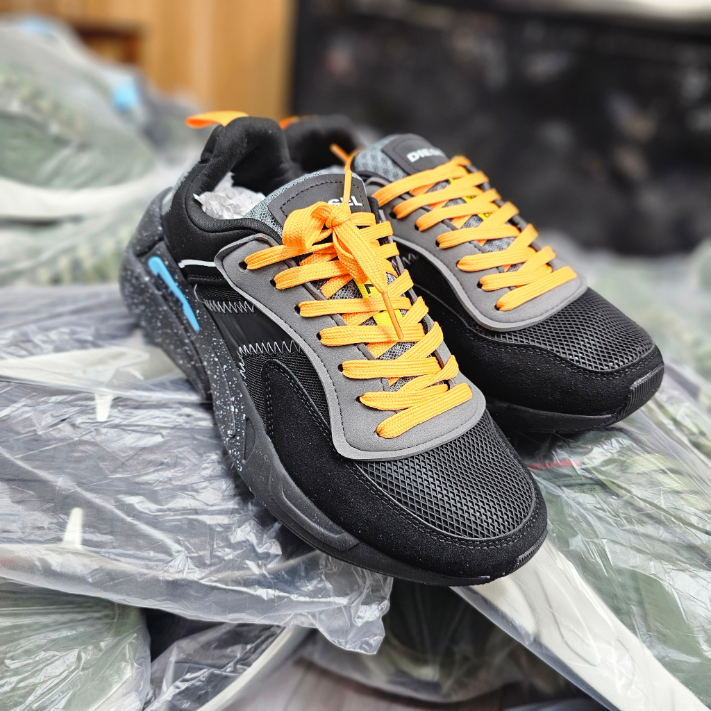 Giày Sneakers nam da lộn Diesel xuất dư- Đen vàng