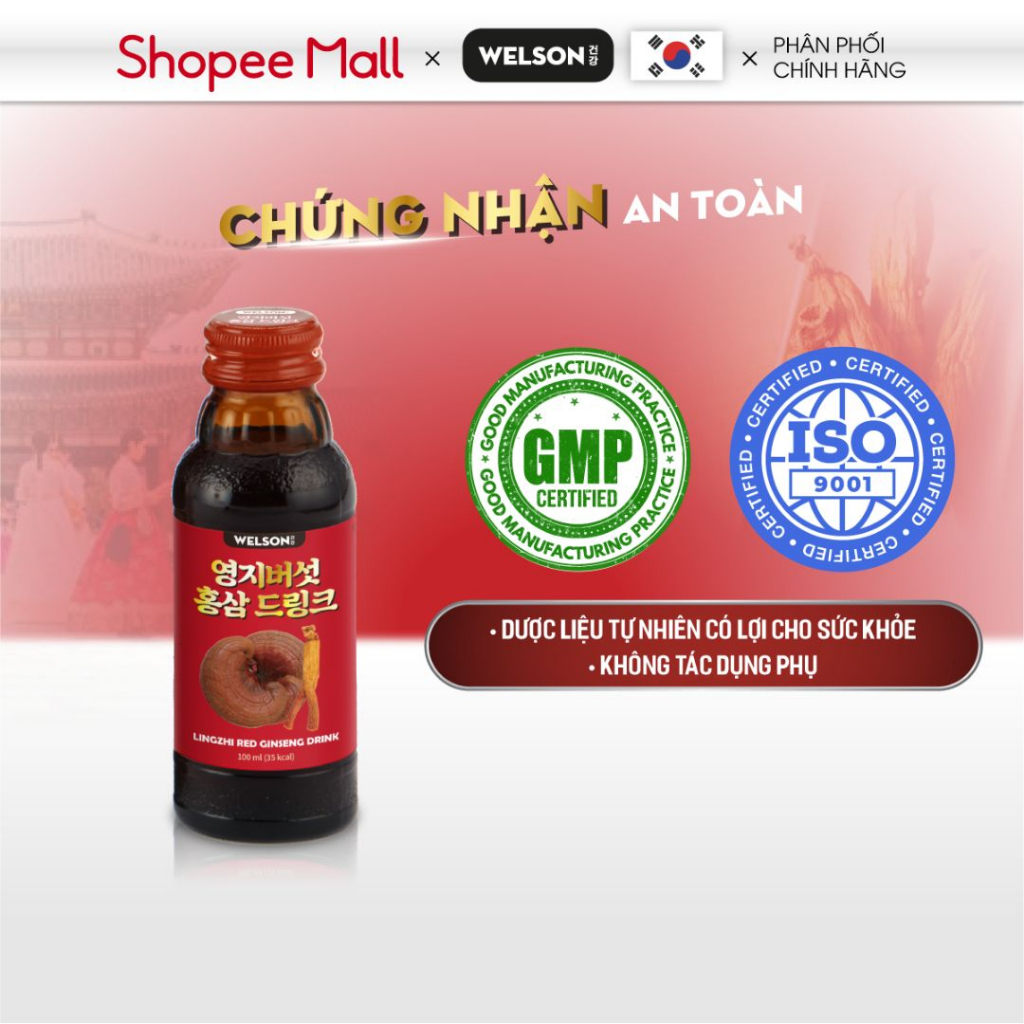 Combo 2 hộp nước uống Hồng Sâm và Linh Chi Hàn Quốc Tăng Sức Đề Kháng Welson Lingzhi Red Ginseng 2 x 10 chai x 100ml