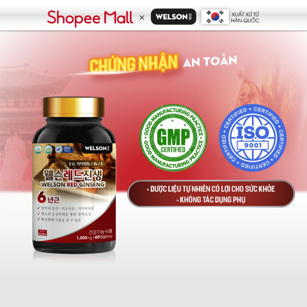 Hồng Sâm Hàn Quốc và Đông Trùng Hạ Thảo tăng sức đề kháng Welson Red Ginseng hộp 60 viên