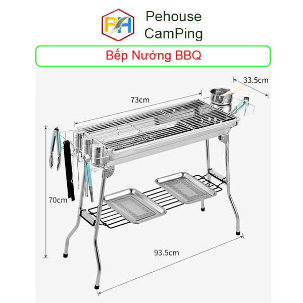 Bếp Nướng Than Hoa BBQ Ngoài Trời Bằng Inox  Có Thể Gấp Gọn Du Lịch, Picnic, Chơi Tặng Kèm Phụ Kiện Chính Hãng Pehouse