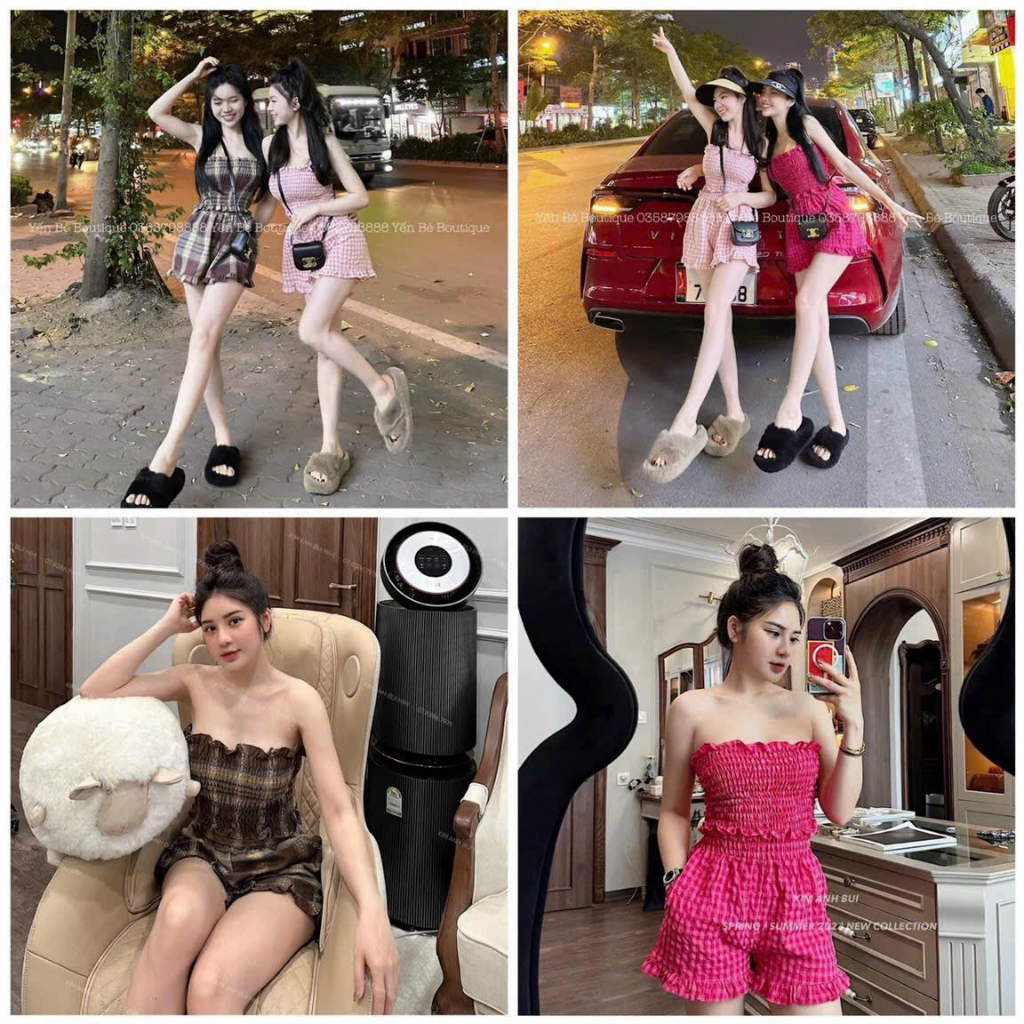 Set bộ áo 2 dây nhún mix quần short đùi bèo, set đũi xốp đùi caro quần bèo hot siêu xinh mtb