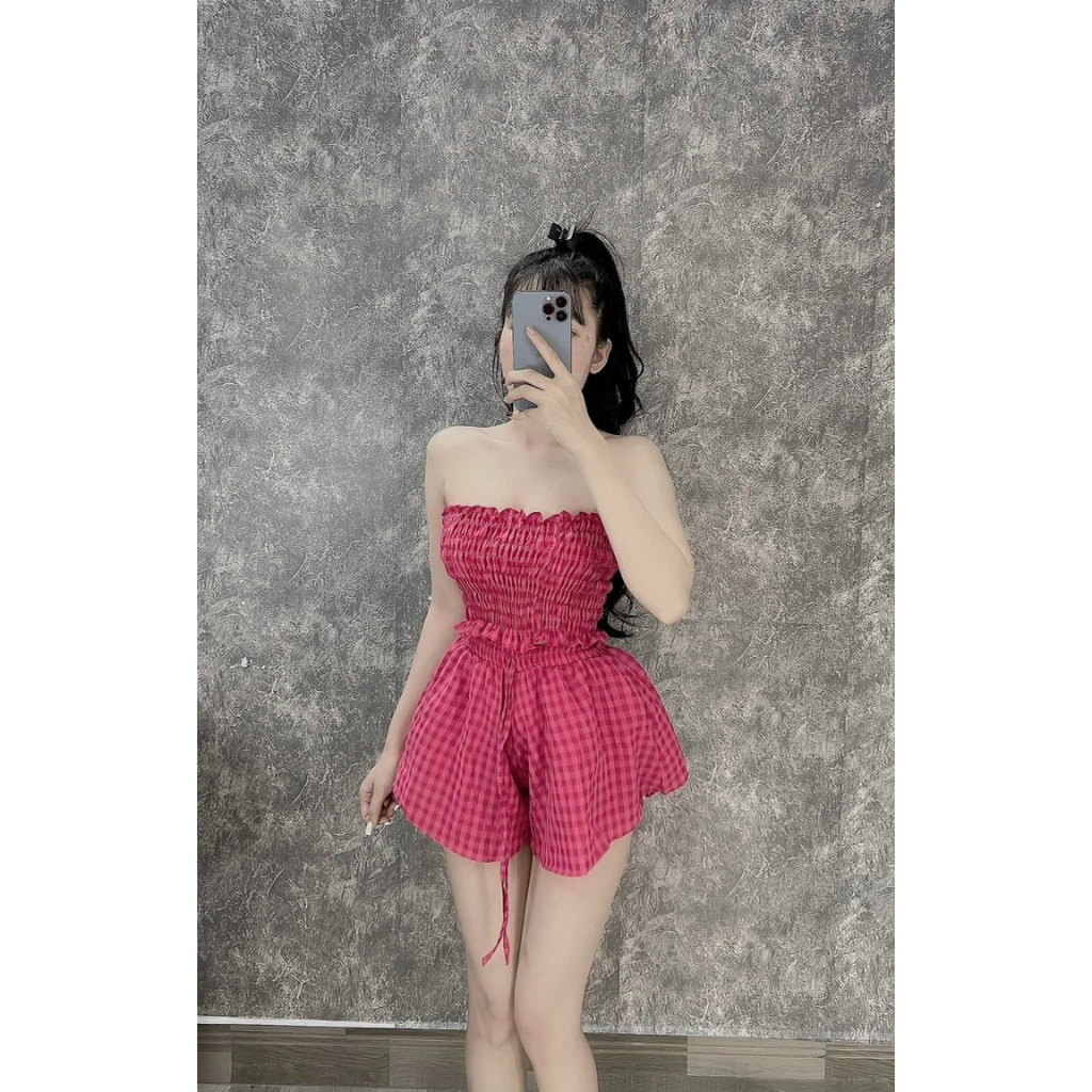 Set bộ caro áo ống caro mix quần sooc đùi phồng, set đũi xốp áo nhún cup ngực quần đùi xòe bồng sexy, xinh xắn mtb