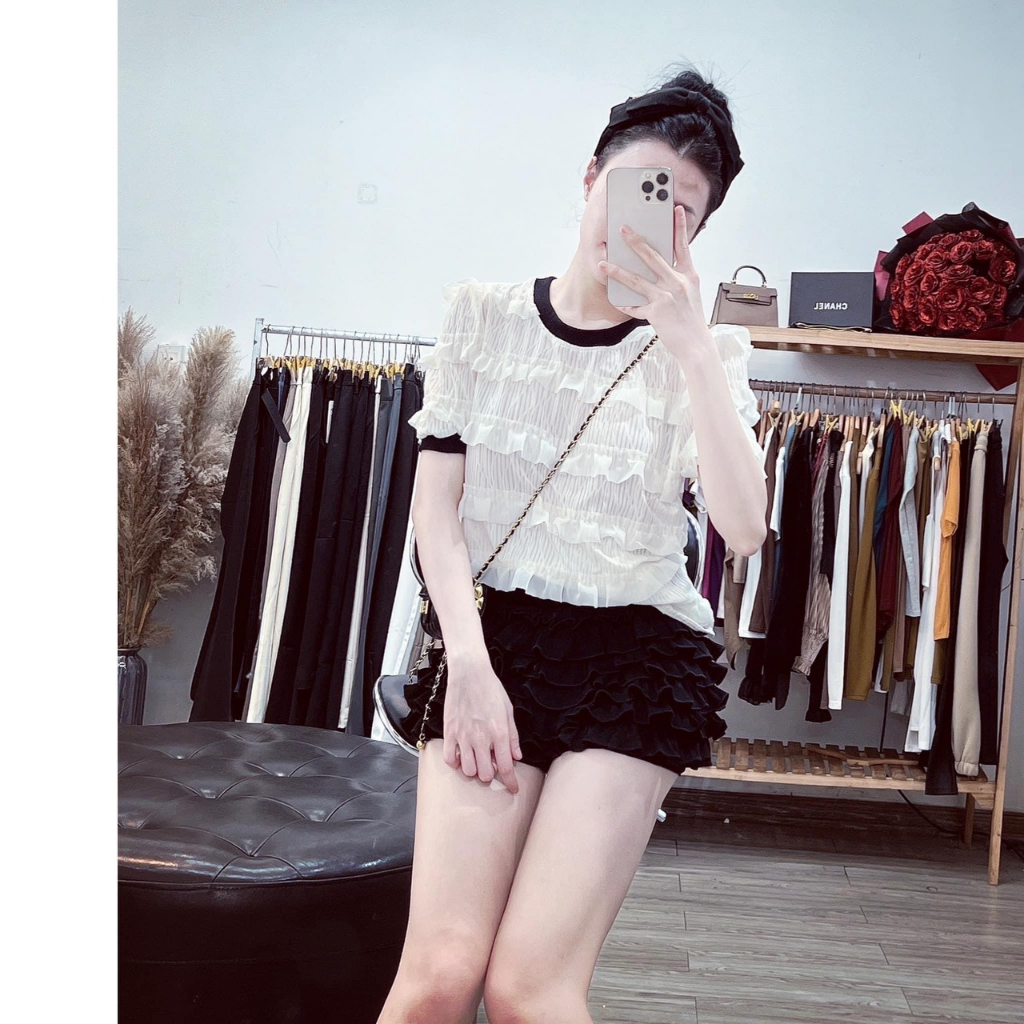 Áo sơ mi phối bèo viền đen