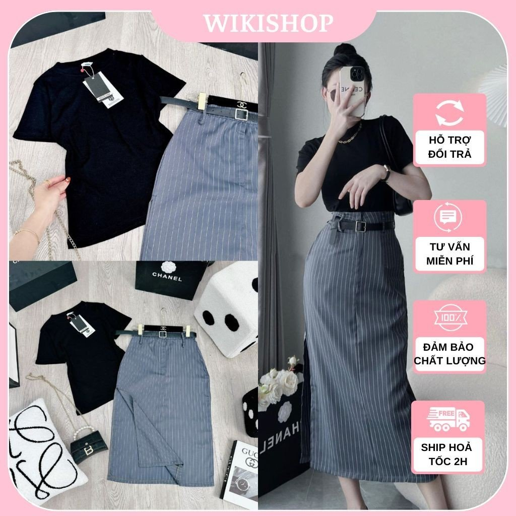 Set áo thun đen cổ tròn phối chân váy bút chì kẻ cạp cao kèm đai freesize phom ôm body tôn dáng đi chơi hàn quốc C1451