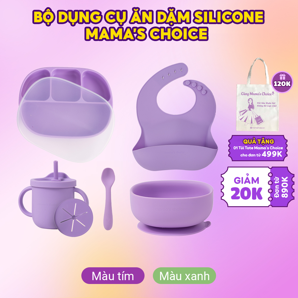 Bộ Ăn Dặm Cho Bé Thương Hiệu Mama's Choice, Combo Ăn Dặm Bát-Khay-Yếm-Thìa-Cốc Silicone Cao Cấp