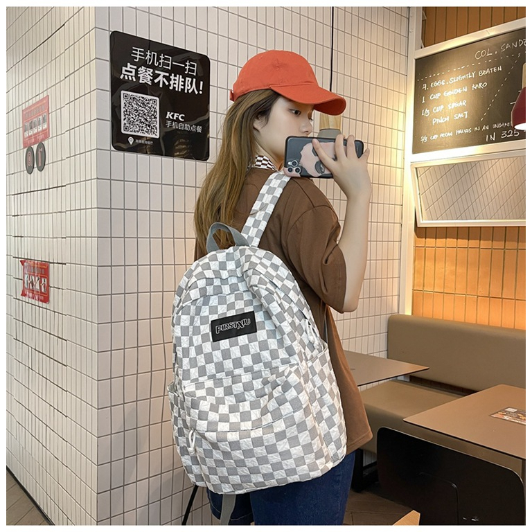 Balo kẻ caro Ulzzang Hàn Quốc thời trang chống nước Firstxiu hàng chính hãng dành cho học sinh, sinh viên BL06