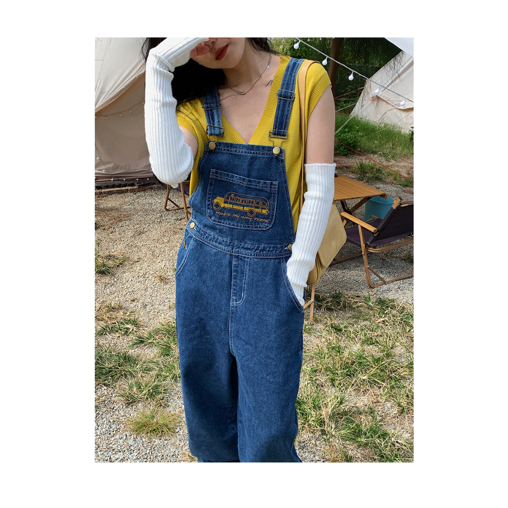 Quần yếm Jeans nữ JOLII.SG ống suông thêu hình xe bus phong cách Hàn Quốc, năng động - thích hợp dạo phố, đi chơi