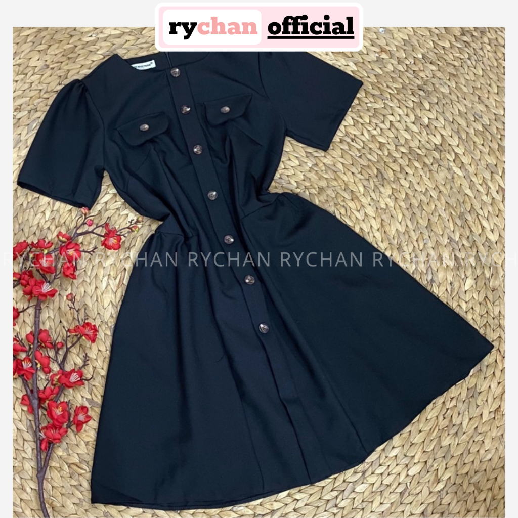 Đầm Nữ Đi Tiệc Dáng Ngắn Xòe Đính Cúc Trước Siêu Xinh, Đầm Thiết Kế Cổ Tròn Tay Ngắn Sành Điệu Màu Đen-DX414