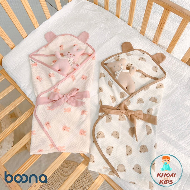 Ủ choàng, khăn ủ xô Muslin 4 lớp có mũ kèm nơ thắt siêu sinh thoáng khí chất mềm mại an toàn với da trẻ sơ sinh