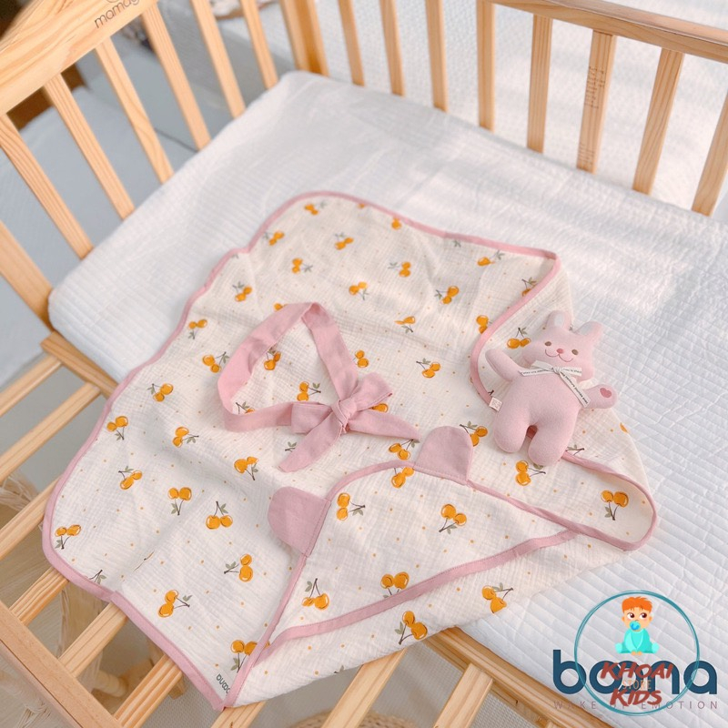 Ủ choàng, khăn ủ xô Muslin 4 lớp có mũ kèm nơ thắt siêu sinh thoáng khí chất mềm mại an toàn với da trẻ sơ sinh