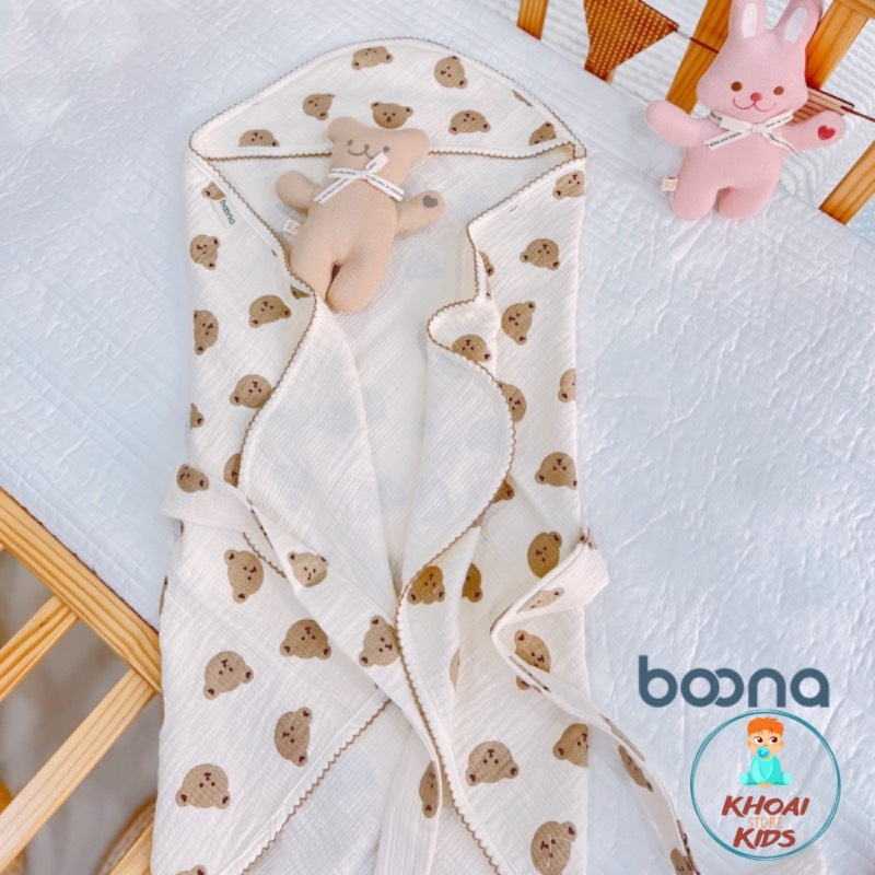 Ủ choàng, khăn ủ xô Muslin 4 lớp có mũ kèm nơ thắt siêu sinh thoáng khí chất mềm mại an toàn với da trẻ sơ sinh