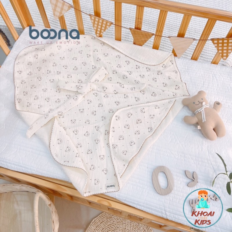 Ủ choàng, khăn ủ xô Muslin 4 lớp có mũ kèm nơ thắt siêu sinh thoáng khí chất mềm mại an toàn với da trẻ sơ sinh