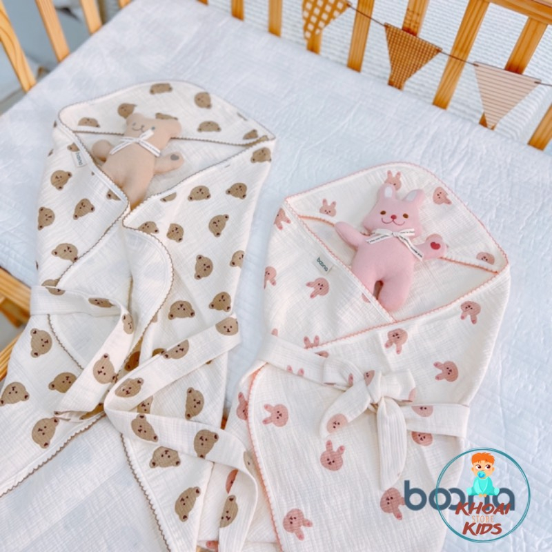 Ủ choàng, khăn ủ xô Muslin 4 lớp có mũ kèm nơ thắt siêu sinh thoáng khí chất mềm mại an toàn với da trẻ sơ sinh