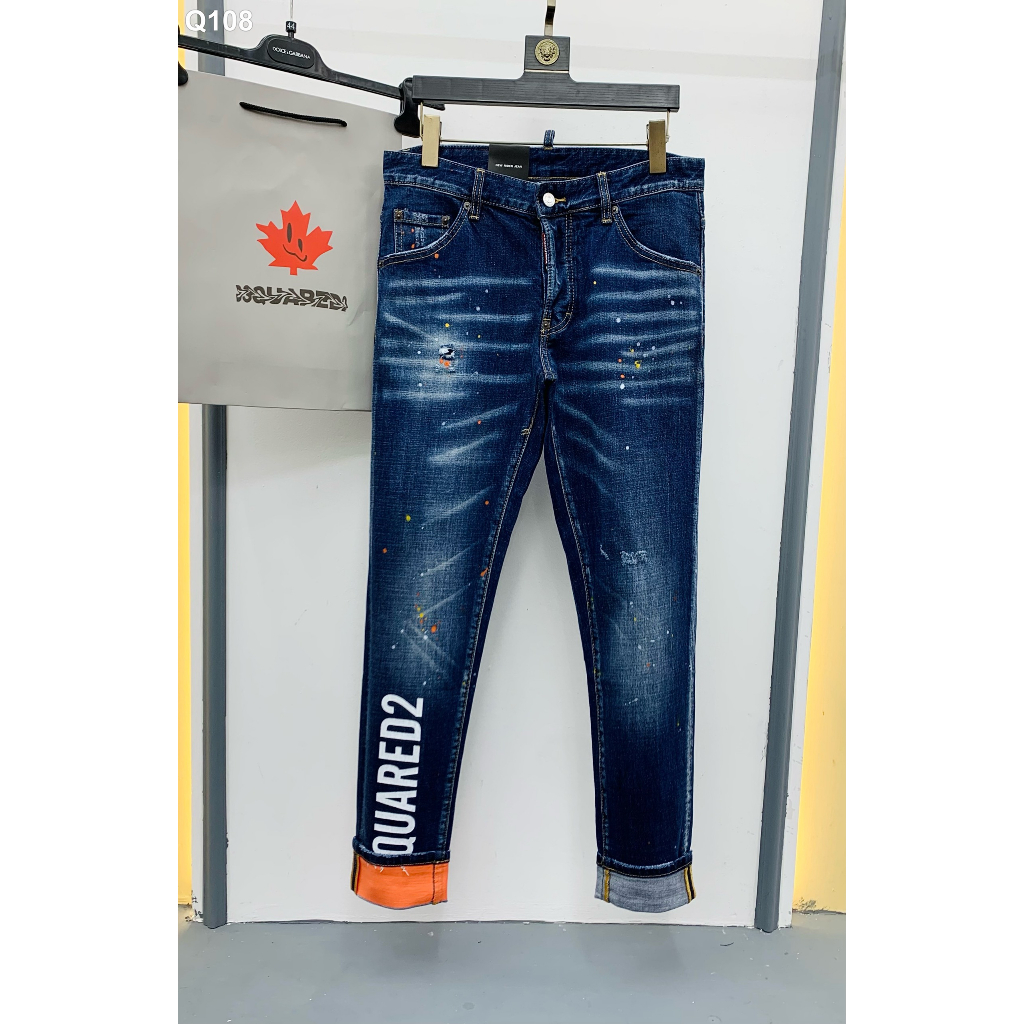 Quần Jean Dsquared2 Xanh vẩy sơn logo ống gấu cam gấp LA on web