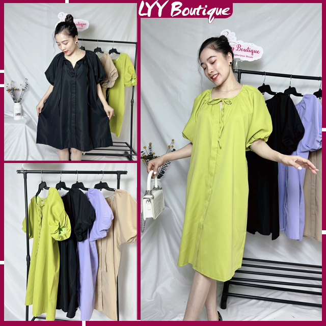 Váy babydoll tay bồng cổ xẻ thắt nơ 5 màu siêu xinh, Váy nữ dáng suông chất thô trơn LYY BOUTIQUE