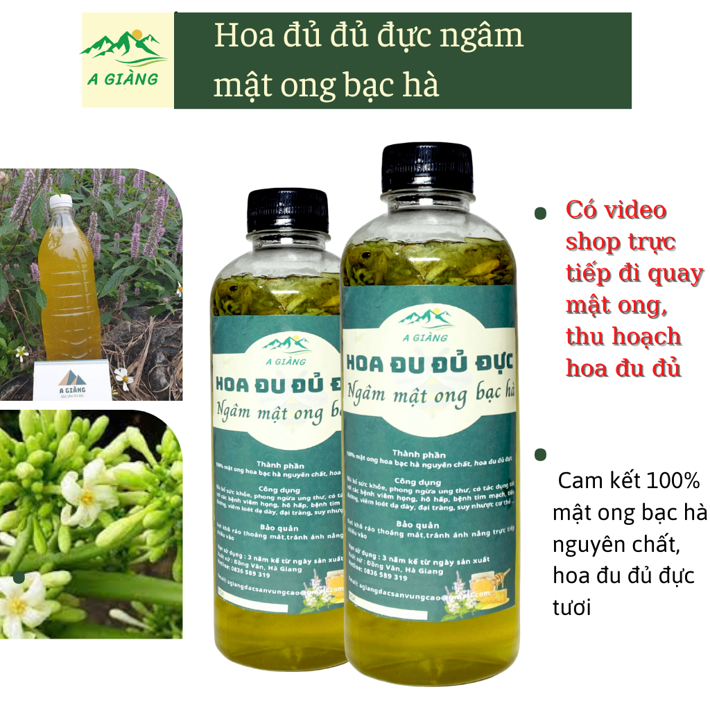 Hoa đu đủ đực ngâm mật ong bạc hà nguyên chất Hà Giang, hoa đu đủ đực khô ngâm mật ong bạc hà hũ 500g