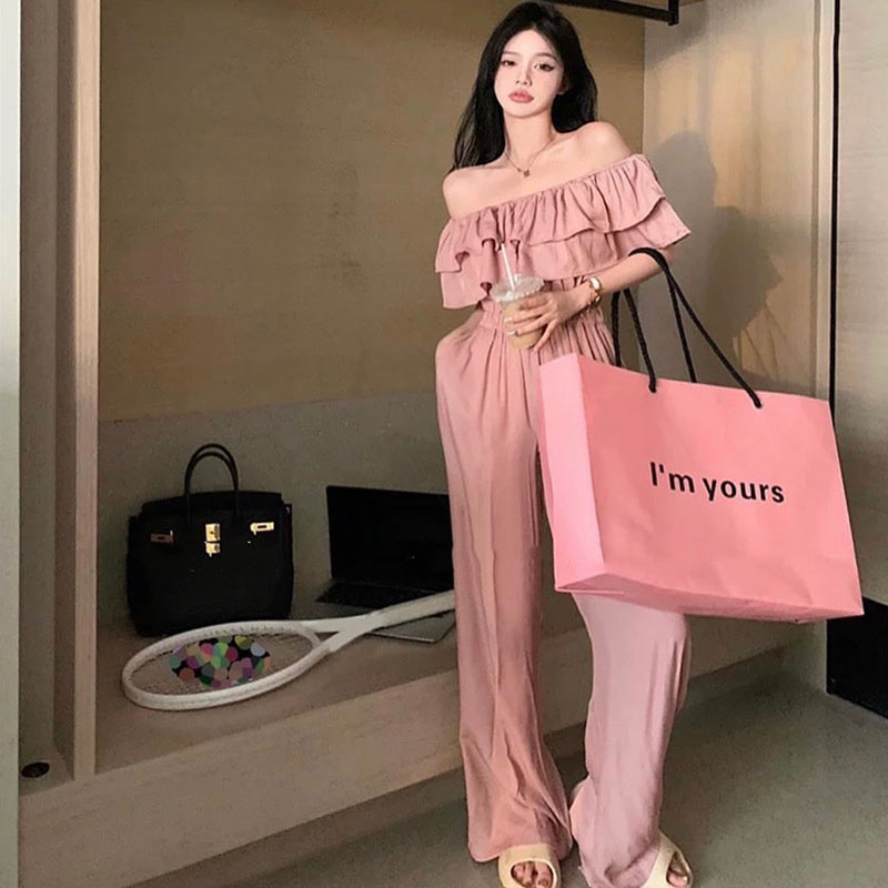 Jumpsuit Trễ Vai Lụa Hồng Dáng Dài Hàng Quảng Châu JS0020 - Yamy888