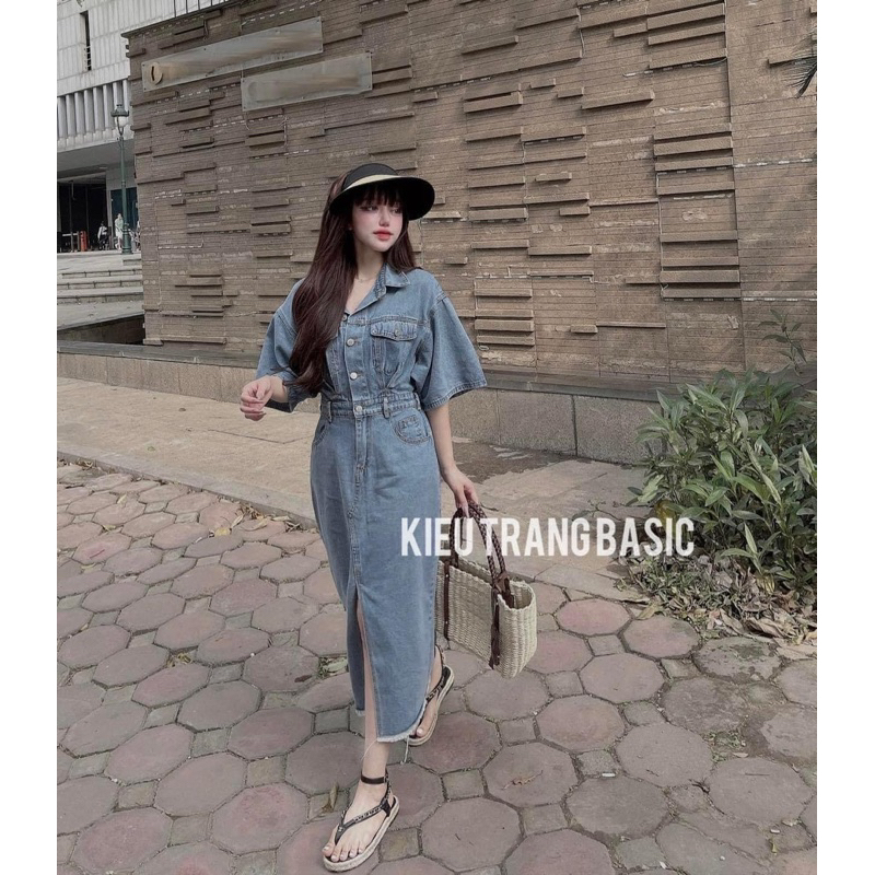 M03-VÁY JEAN CHUN EO XẺ TRƯỚC GẤU TUA