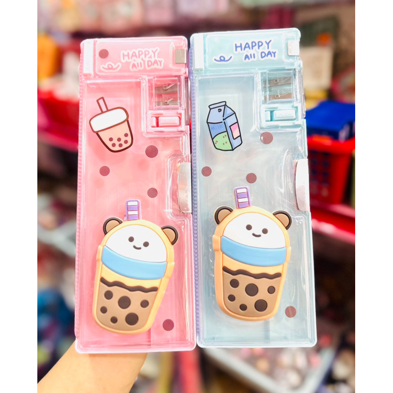 Hộp Bút Hít 2 Mặt Kèm Đồ Chuốt, Ngăn Đựng Gôm Mẫu Gấu Dâu, BlackPink, Trà Sữa Dễ Thương Cho Bé