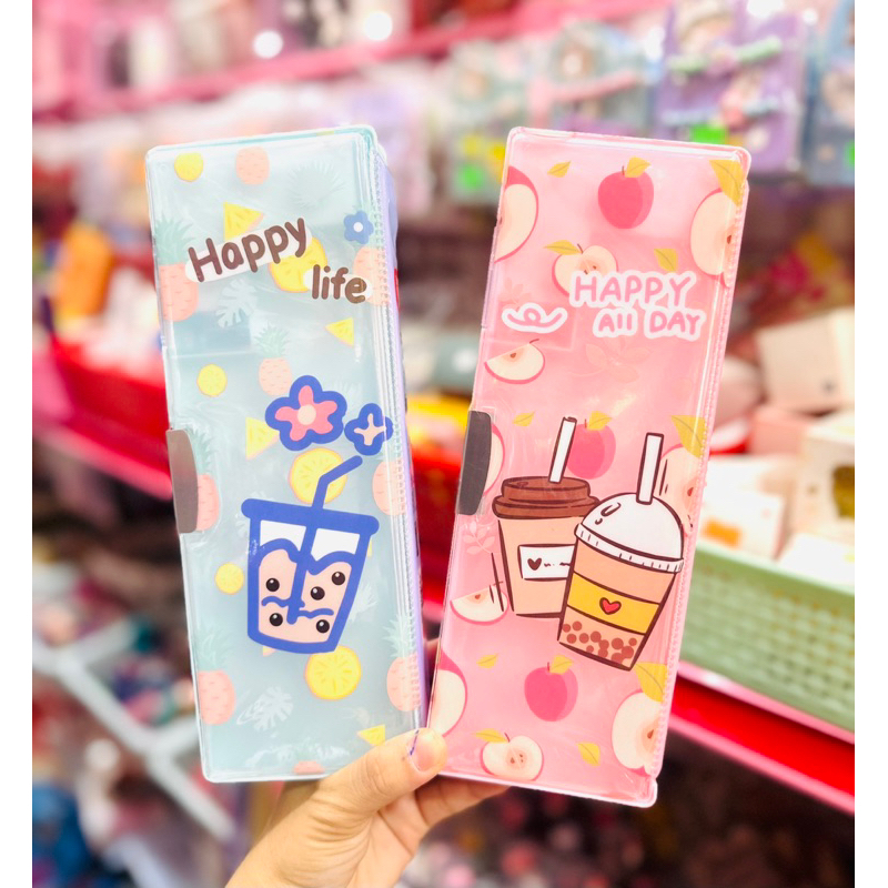 Hộp Bút Hít 2 Mặt Kèm Đồ Chuốt, Ngăn Đựng Gôm Mẫu Gấu Dâu, BlackPink, Trà Sữa Dễ Thương Cho Bé