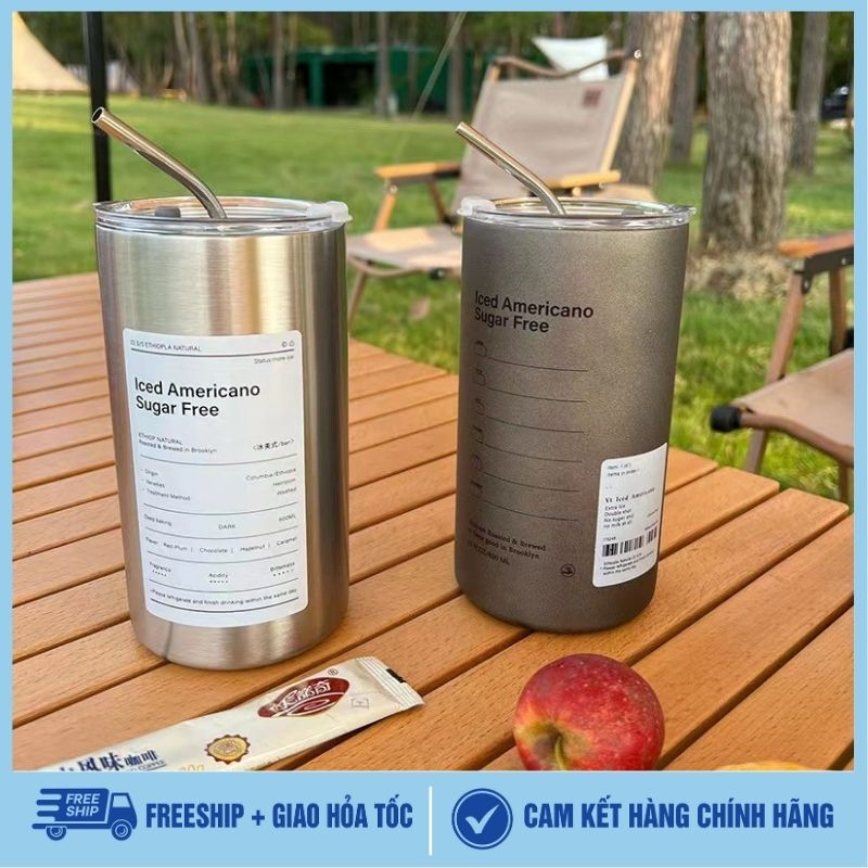 Bình giữ nhiệt nóng lạnh Americano 600ml kèm ống hút inox 304 giữ nhiệt 5-8 giờ đựng cafe,nước