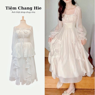 Đầm công chúa midi trắng phối vạt bèo tầng tay dài | Váy công chúa tiểu thư đi tiệc du lịch sinh nhật kỉ yếu