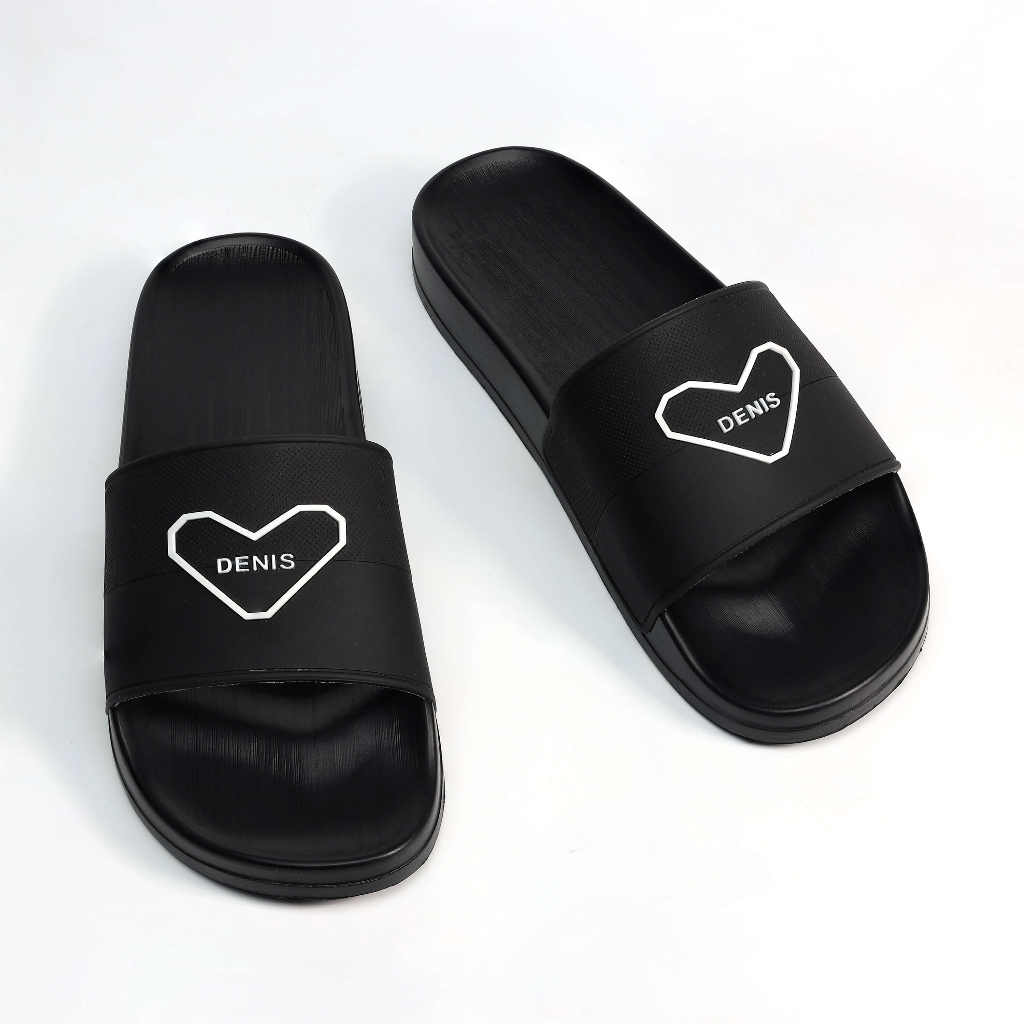 Dép quai ngang nam nữ Denis TY01 Unisex Slipper Màu Full Đen Trái tim Ngoài trời