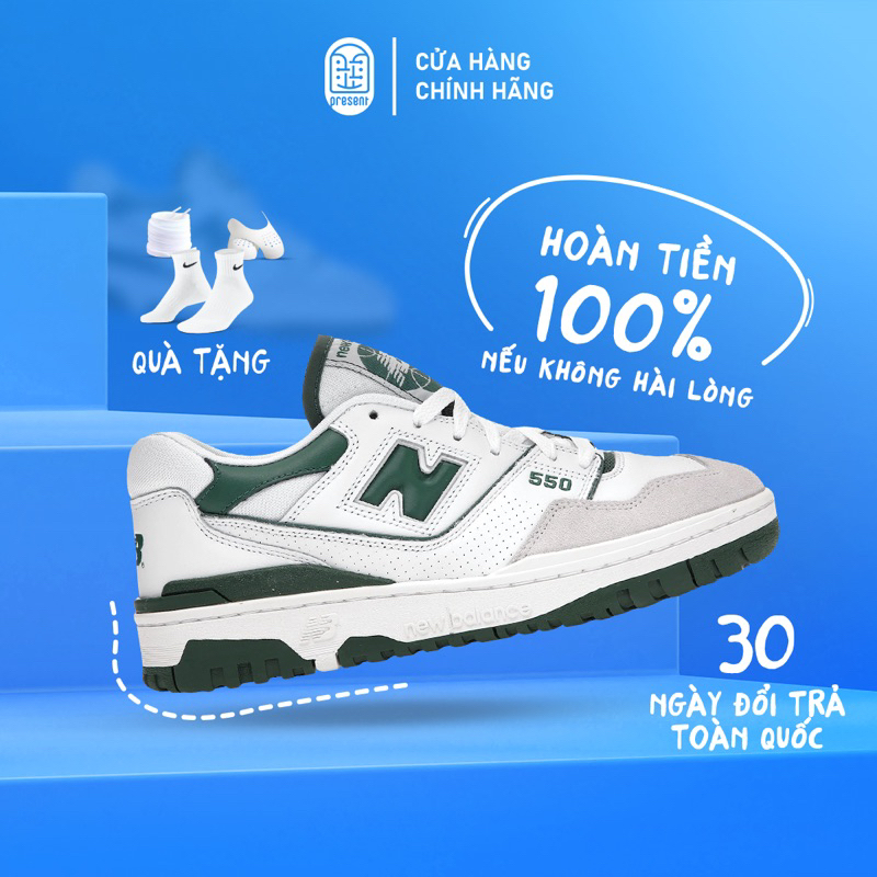 Giày New Balance 550 White Green chính hãng cho nam nữ, NB 550 Xanh Lá real fullbox Present Original Sneakers